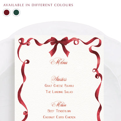  Close-up of our ribbon festive dinner menu, featuring personalised text and a curled red ribbon border - our hand-painted watercolour design.