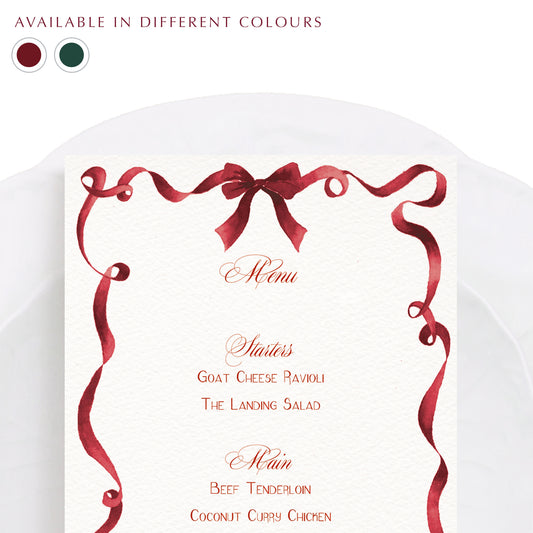  Close-up of our ribbon festive dinner menu, featuring personalised text and a curled red ribbon border - our hand-painted watercolour design.