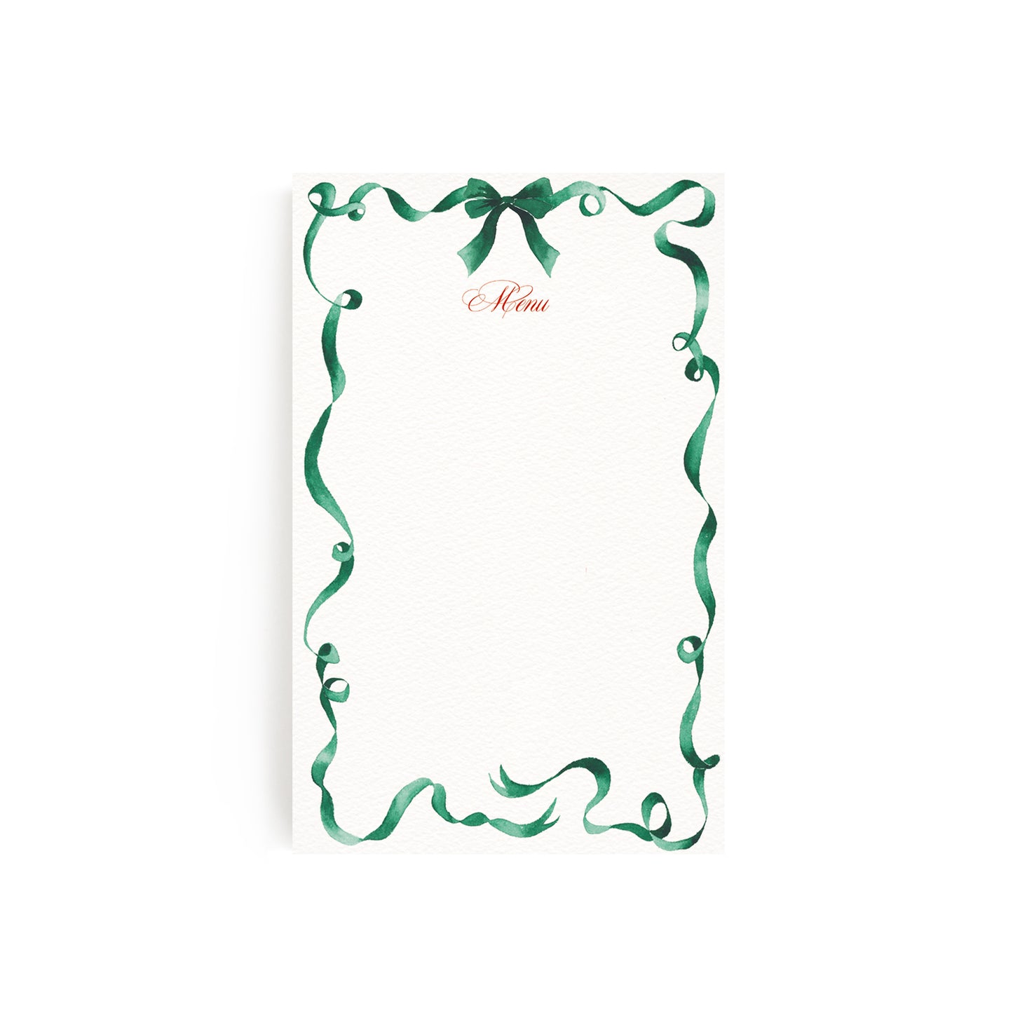 Image of our ribbon holiday dinner menu in green left blank without personalised text, the perfect custom design.
