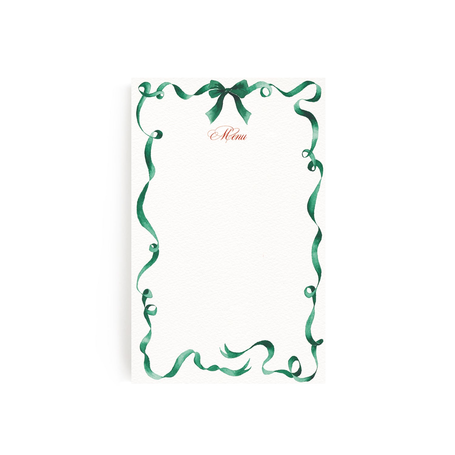 Image of our ribbon holiday dinner menu in green left blank without personalised text, the perfect custom design.