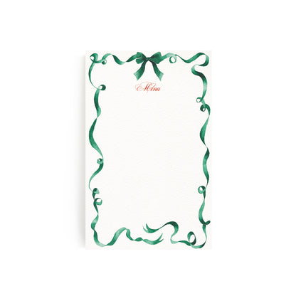 Image of our ribbon holiday dinner menu in green left blank without personalised text, the perfect custom design.