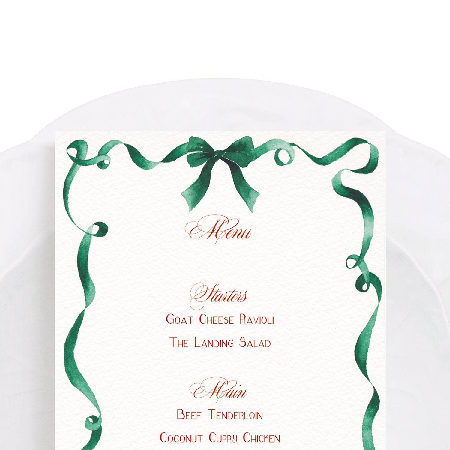 Close-up of our ribbon festive dinner menu, featuring personalised text and a curled green ribbon border - our hand-painted watercolour design.