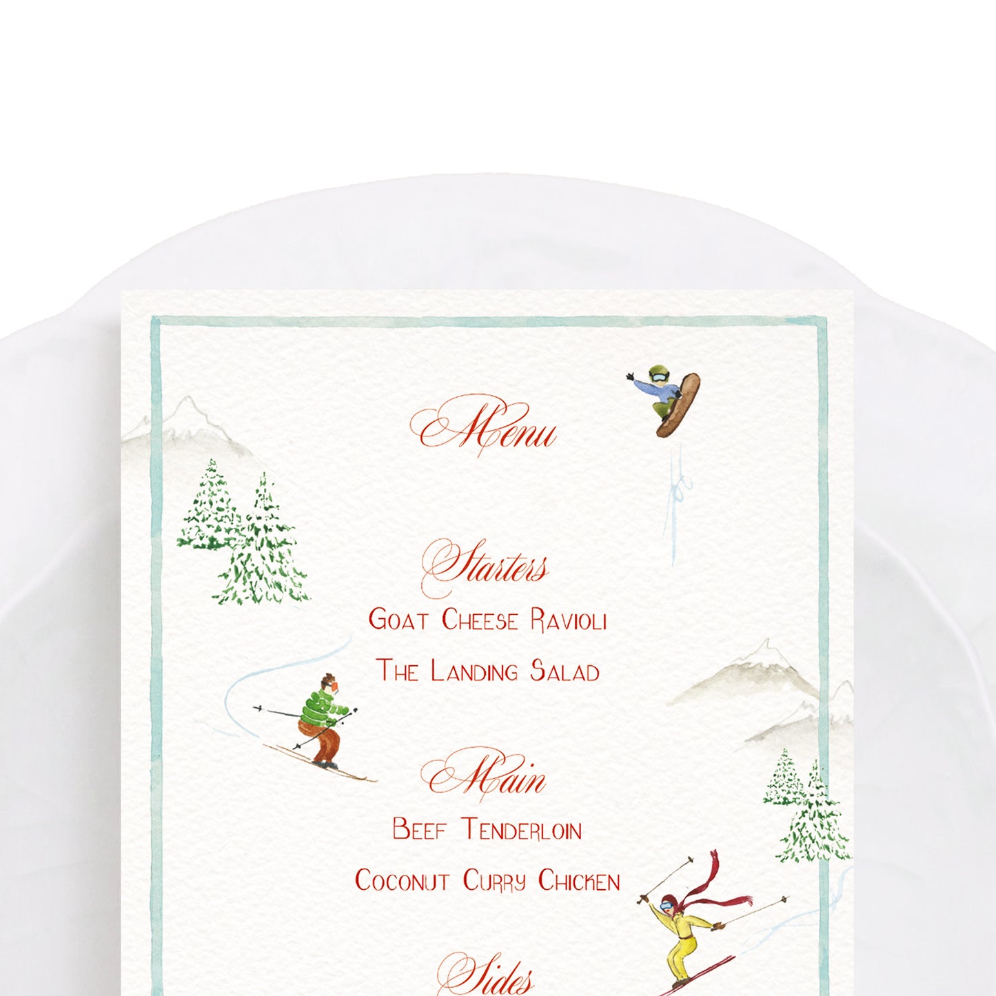 A full-size image, showcasing our festive dinner menu, green tree detailing and moving figures. 