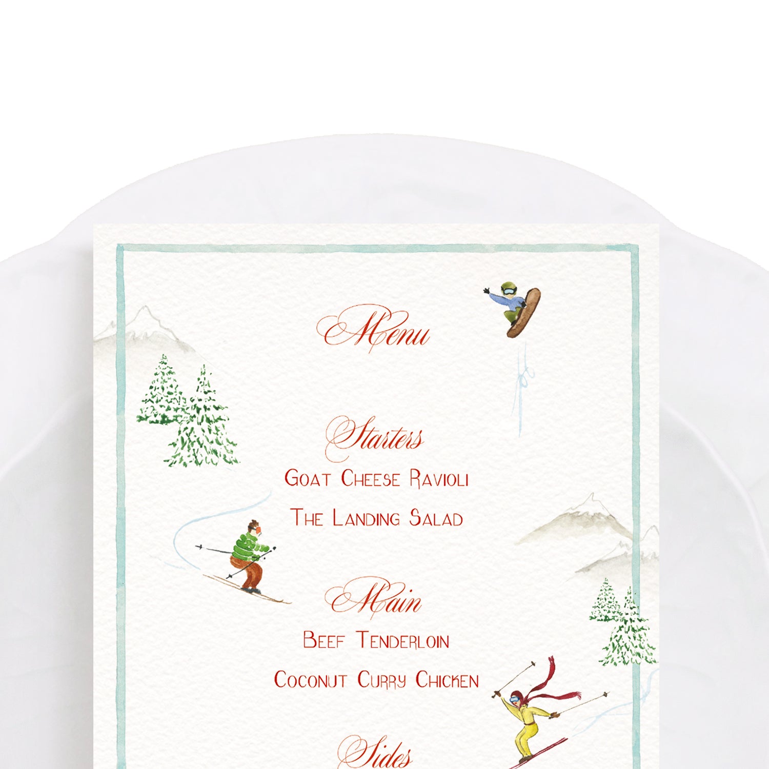 A full-size image, showcasing our festive dinner menu, green tree detailing and moving figures. 