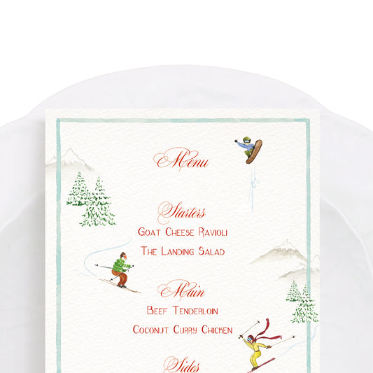 A full-size image, showcasing our festive dinner menu, green tree detailing and moving figures. 