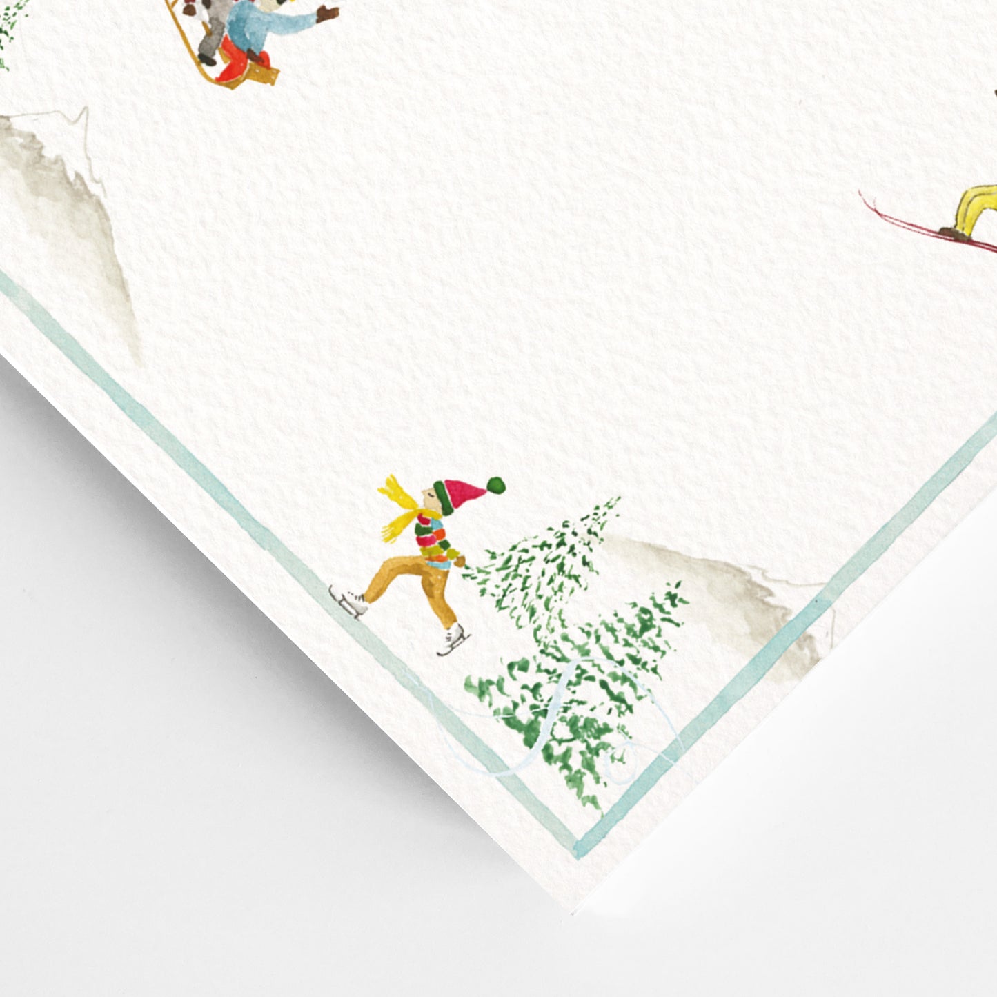 Close-up of our holiday dinner menu, featuring hand-painted watercolour designs of people skiing and snowboarding. 