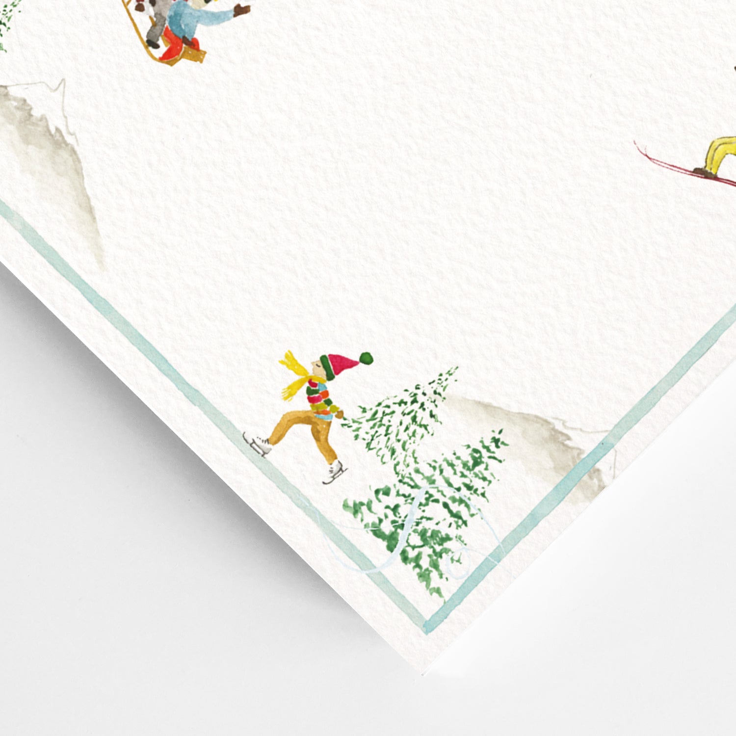 Close-up of our holiday dinner menu, featuring hand-painted watercolour designs of people skiing and snowboarding. 
