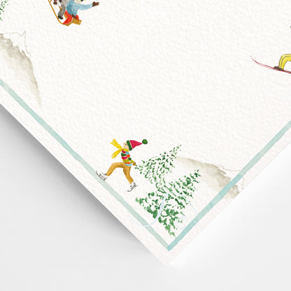 Close-up of our holiday dinner menu, featuring hand-painted watercolour designs of people skiing and snowboarding. 