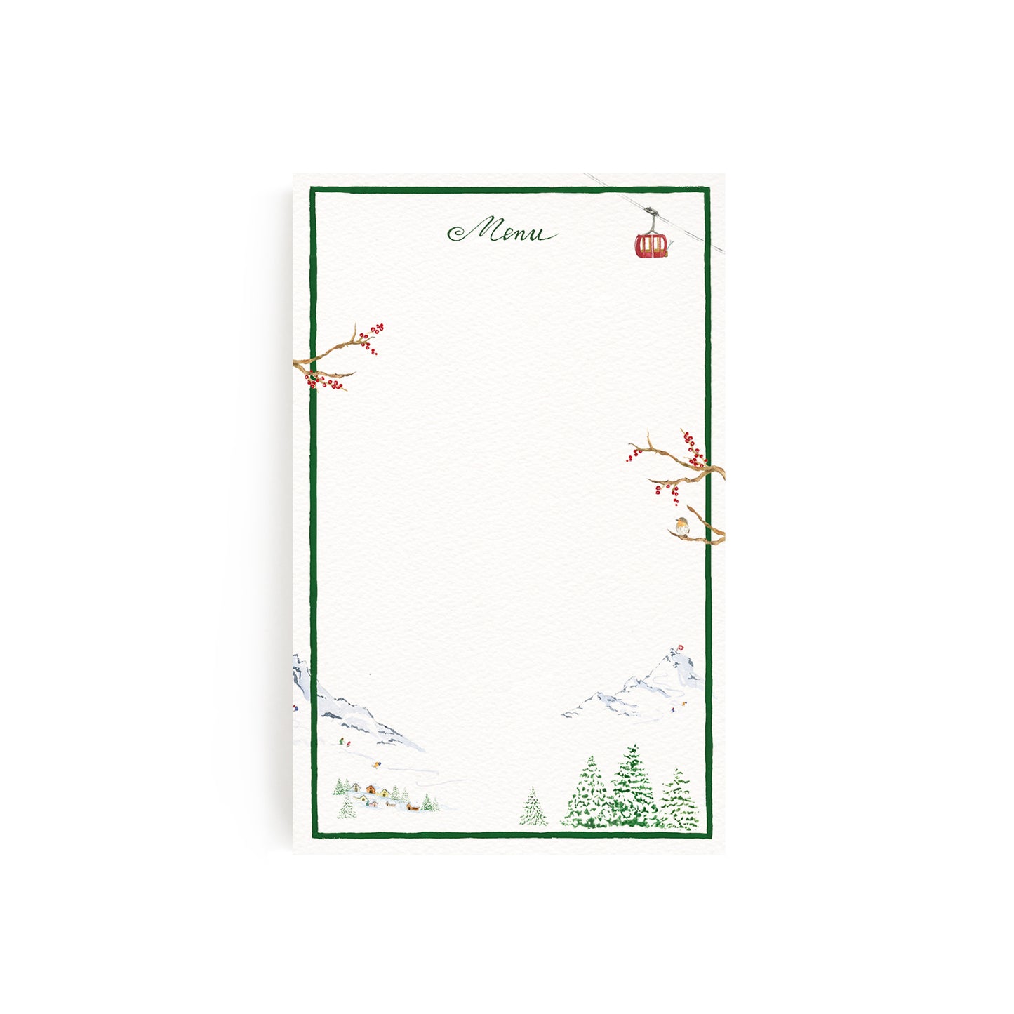 Close-up of our festive holiday menu, featuring a green border, winter berries and ski-lifts.