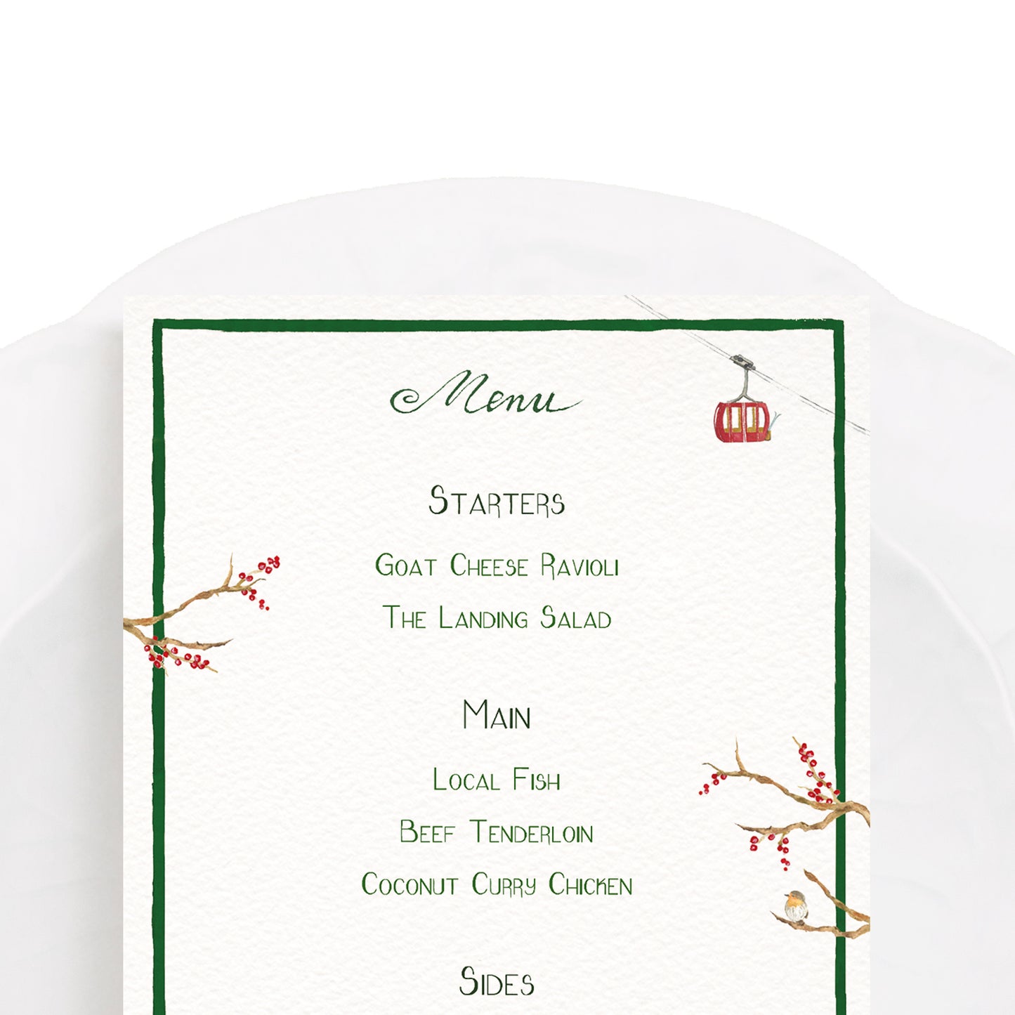 Close-up of our festive holiday menu, featuring a green border, winter berries and ski-lifts.