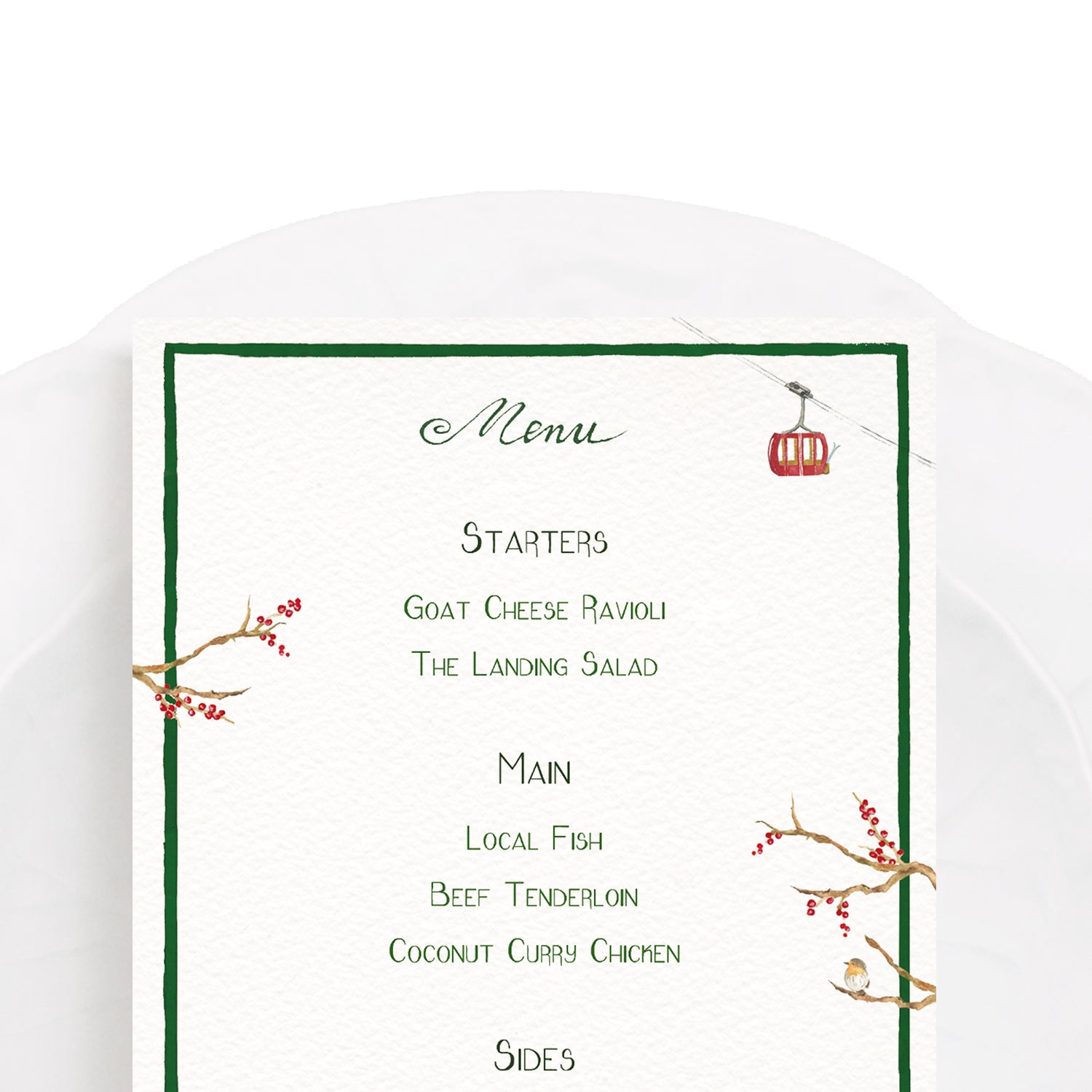 Close-up of our festive holiday menu, featuring a green border, winter berries and ski-lifts.