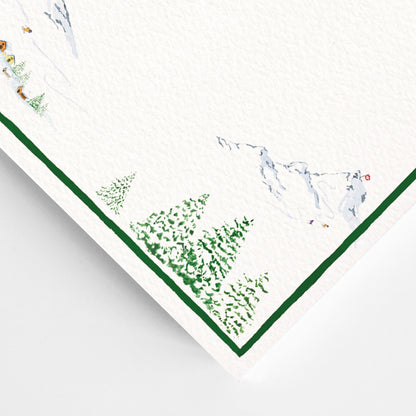 Close-up of the corner of our holiday dinner menu, showcasing the green winter tree detailing.