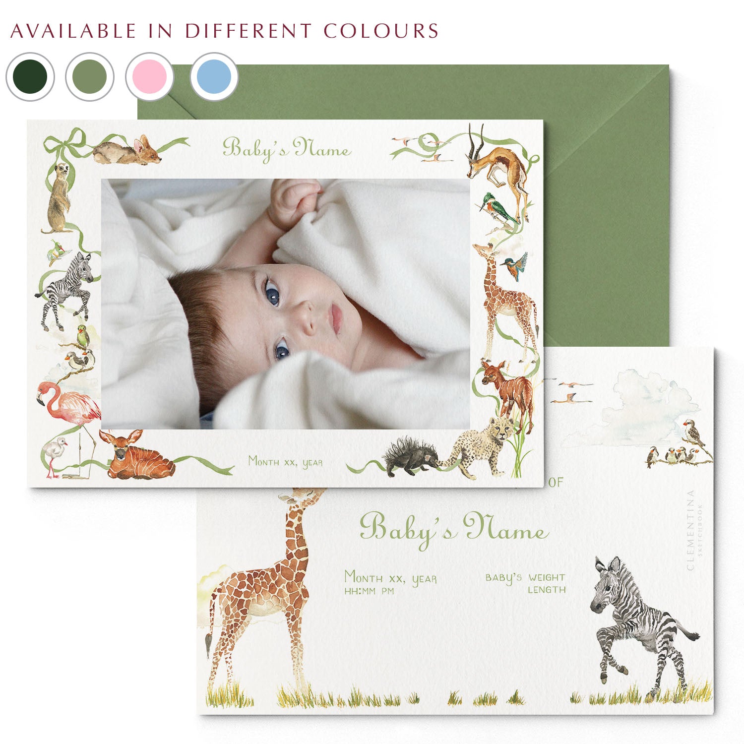 Image of both sides of Clementina Sketchbook's little African world printed birth announcement with a safari animal border, personalised text, space for a baby photo to be stuck and a green envelope. In the corner of the image is a colour wheel showing the different colours the personalised birth announcement is available in: green, yellow, pink and blue.