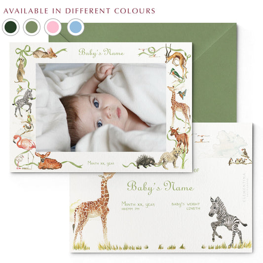 Image of both sides of Clementina Sketchbook's little African world printed birth announcement with a safari animal border, personalised text, space for a baby photo to be stuck and a green envelope. In the corner of the image is a colour wheel showing the different colours the personalised birth announcement is available in: green, yellow, pink and blue.