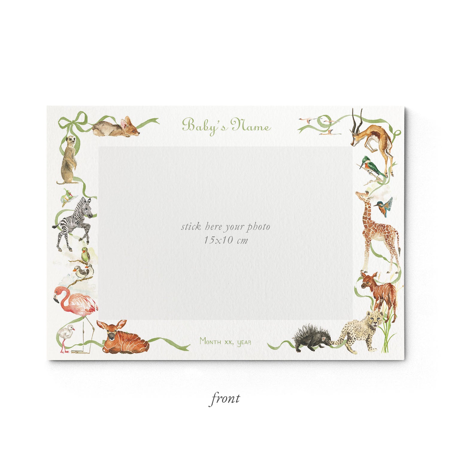 Image of the front of Clementina Sketchbook's little African world printed birth announcement with a safari animal border and space for a baby photo to be stuck.