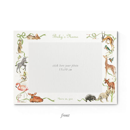 Image of the front of Clementina Sketchbook's little African world printed birth announcement with a safari animal border and space for a baby photo to be stuck.