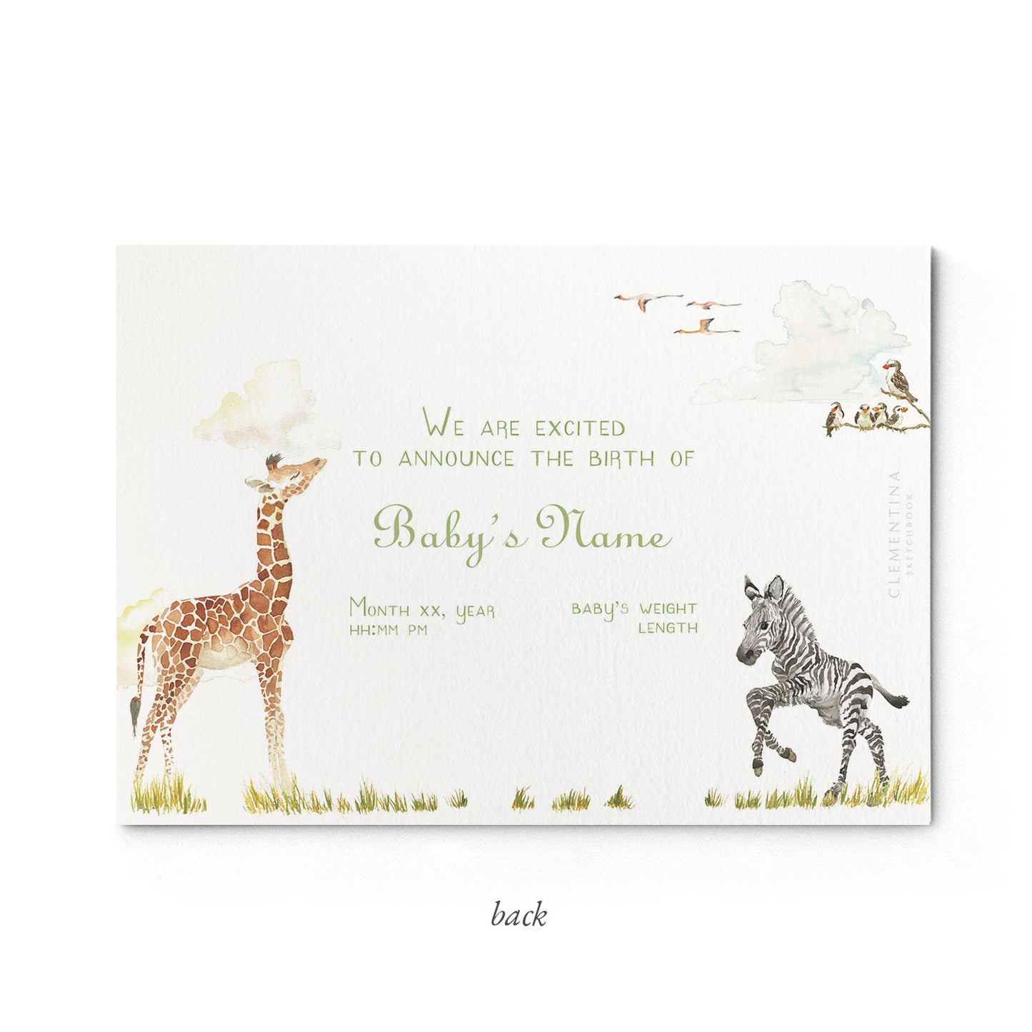 Image of the back of Clementina Sketchbook's little African world printed birth announcement with a safari animal border and space for personalised text.