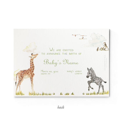 Image of the back of Clementina Sketchbook's little African world printed birth announcement with a safari animal border and space for personalised text.