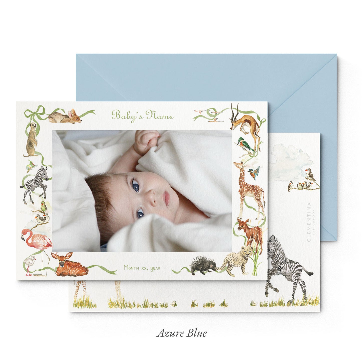Image of both sides of Clementina Sketchbook's little African world printed birth announcement with a safari animal border, personalised text, space for a baby photo to be stuck and a blue envelope.