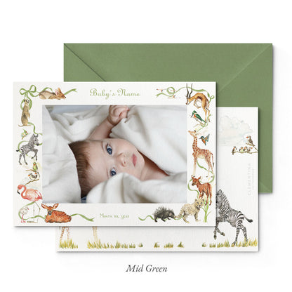 Image of both sides of Clementina Sketchbook's little African world printed birth announcement with a safari animal border, personalised text, space for a baby photo to be stuck and a green envelope. 