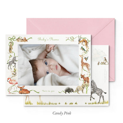 Image of both sides of Clementina Sketchbook's little African world printed birth announcement with a safari animal border, personalised text, space for a baby photo to be stuck and a pink envelope.