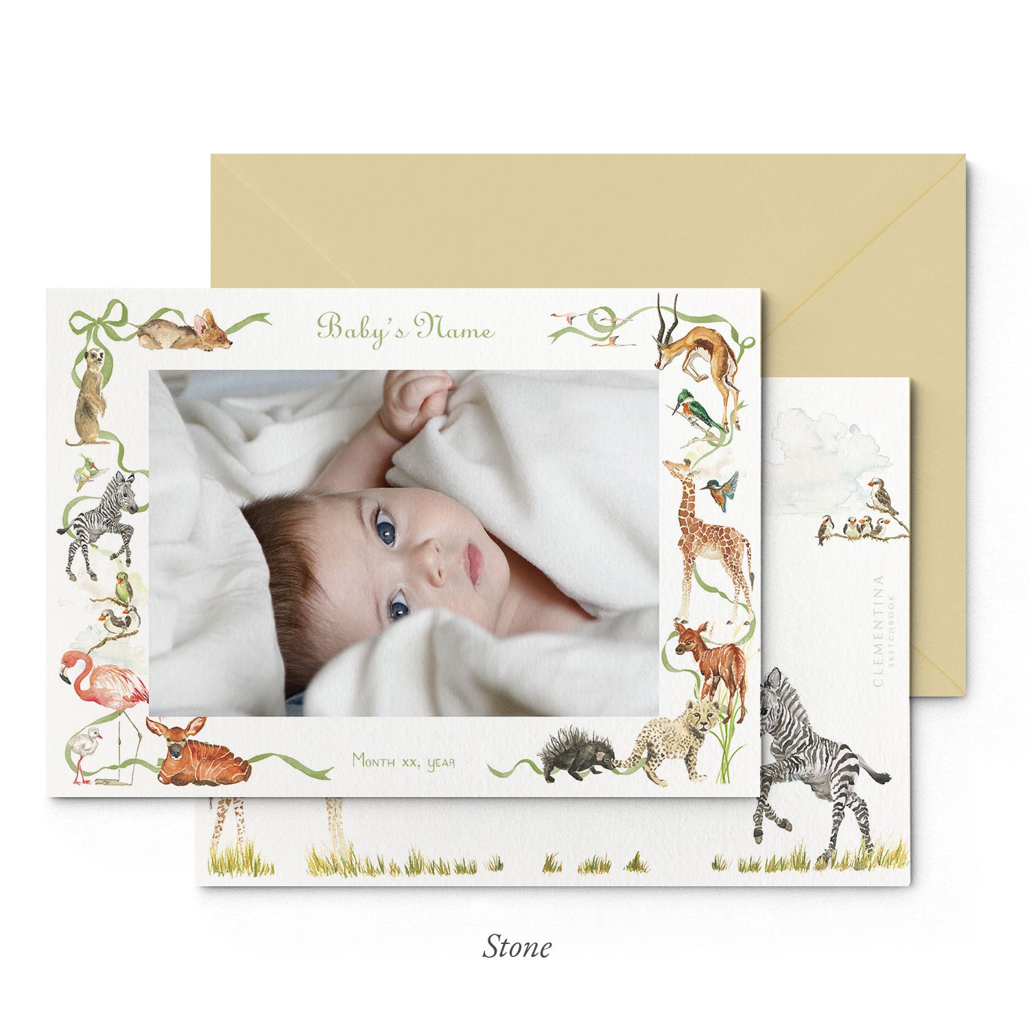 Image of both sides of Clementina Sketchbook's little African world printed birth announcement with a safari animal border, personalised text, space for a baby photo to be stuck and a yellow envelope.