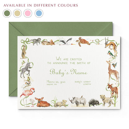 Image of Clementina Sketchbook's little African world printed birth announcement with a safari animal border, personalised text and a green envelope. In the corner of the image there is a colour wheel showing the different colours available for this personalised birth announcements: yellow, pink, green and blue.