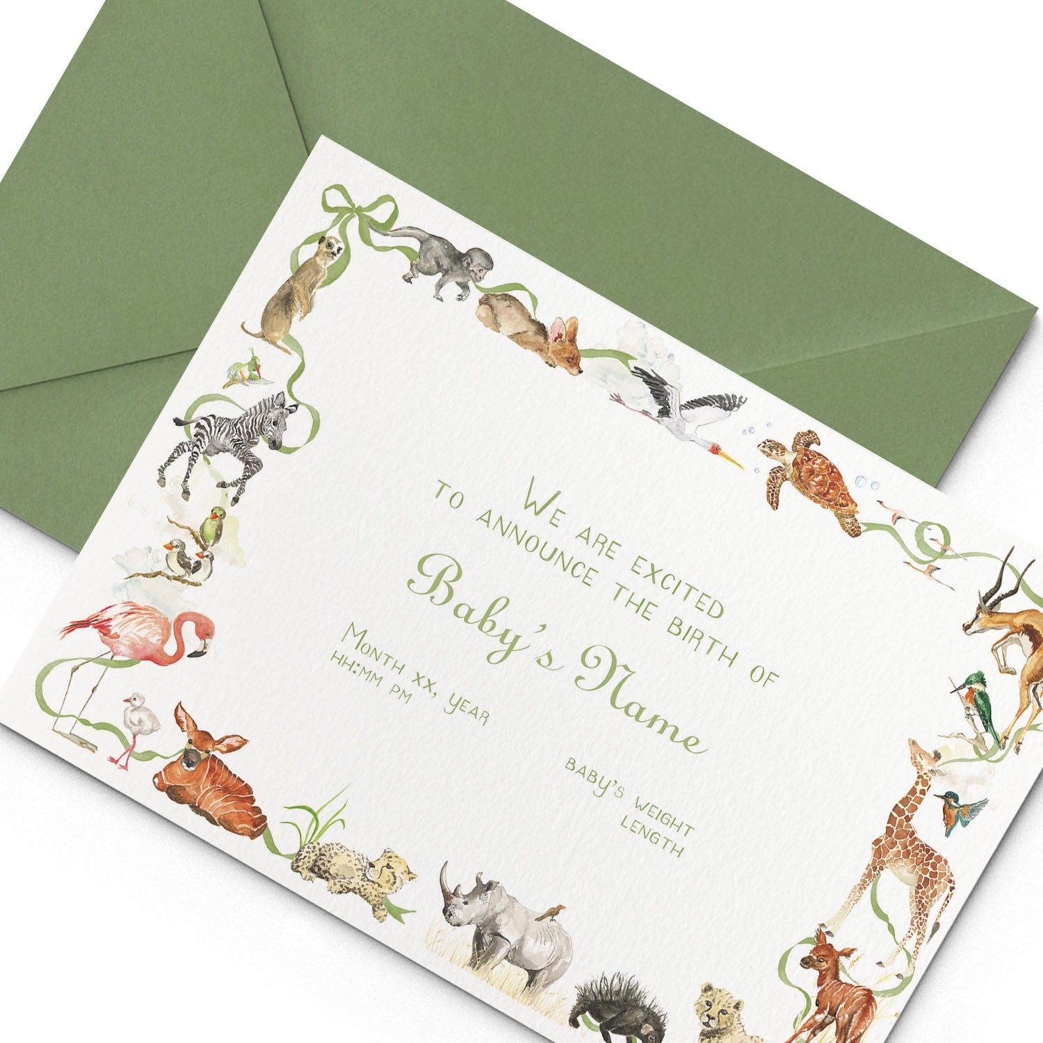 Image of Clementina Sketchbook's little African world printed birth announcement with a safari animal border, personalised text and a green envelope. 