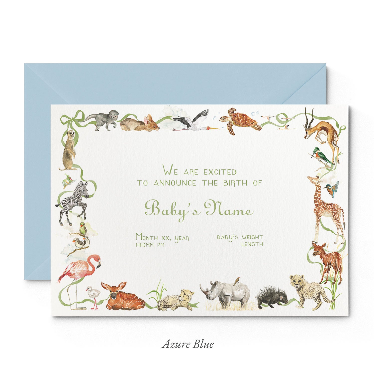 Image of Clementina Sketchbook's little African world printed birth announcement with a safari animal border, personalised text and a pale blue envelope. 