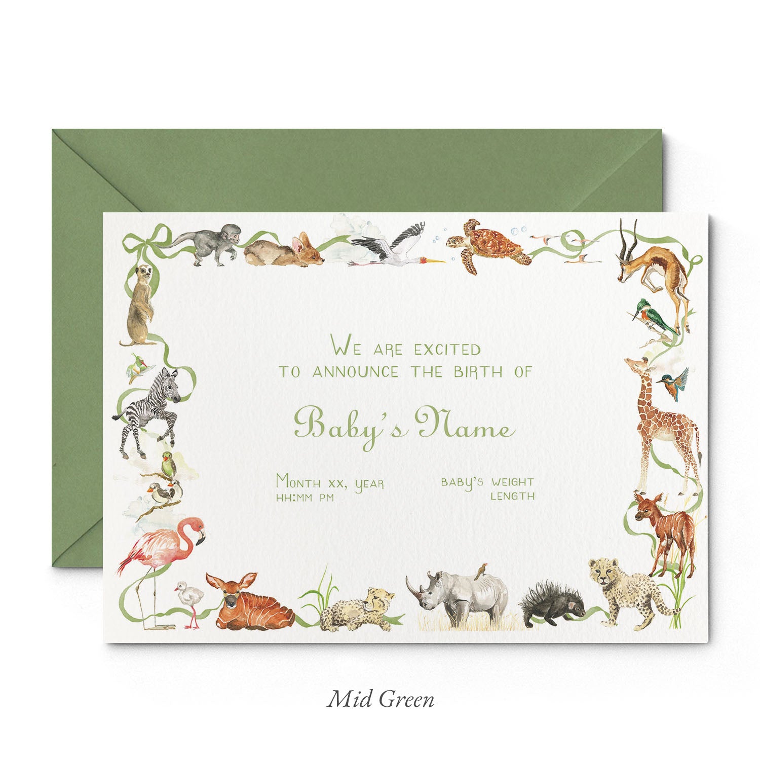 Image of Clementina Sketchbook's little African world printed birth announcement with a safari animal border, personalised text and a green envelope. 