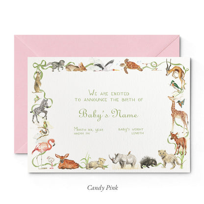 Image of Clementina Sketchbook's little African world printed birth announcement with a safari animal border, personalised text and a pale pink envelope. 