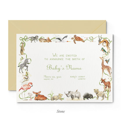 Image of Clementina Sketchbook's little African world printed birth announcement with a safari animal border, personalised text and a pale yellow envelope. 