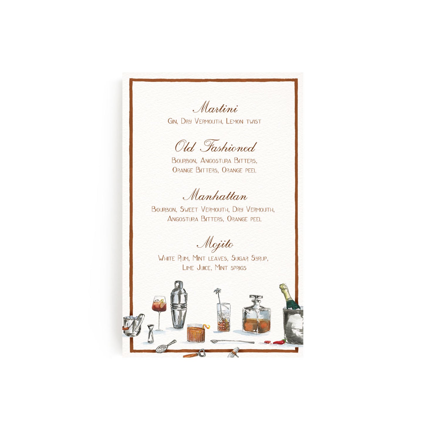 A full-size image of our custom drinks menu, showcasing its hand-painted water colour designs and personalised text.
