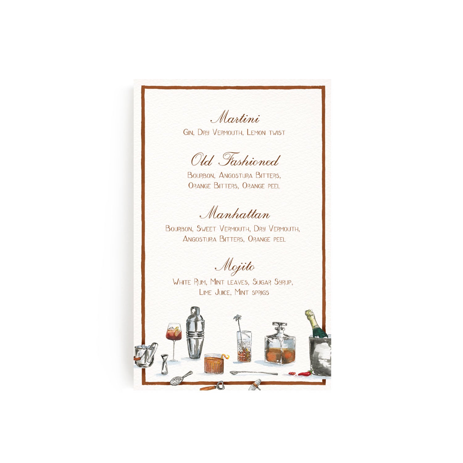 A full-size image of our custom drinks menu, showcasing its hand-painted water colour designs and personalised text.