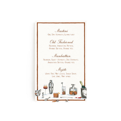 A full-size image of our custom drinks menu, showcasing its hand-painted water colour designs and personalised text.