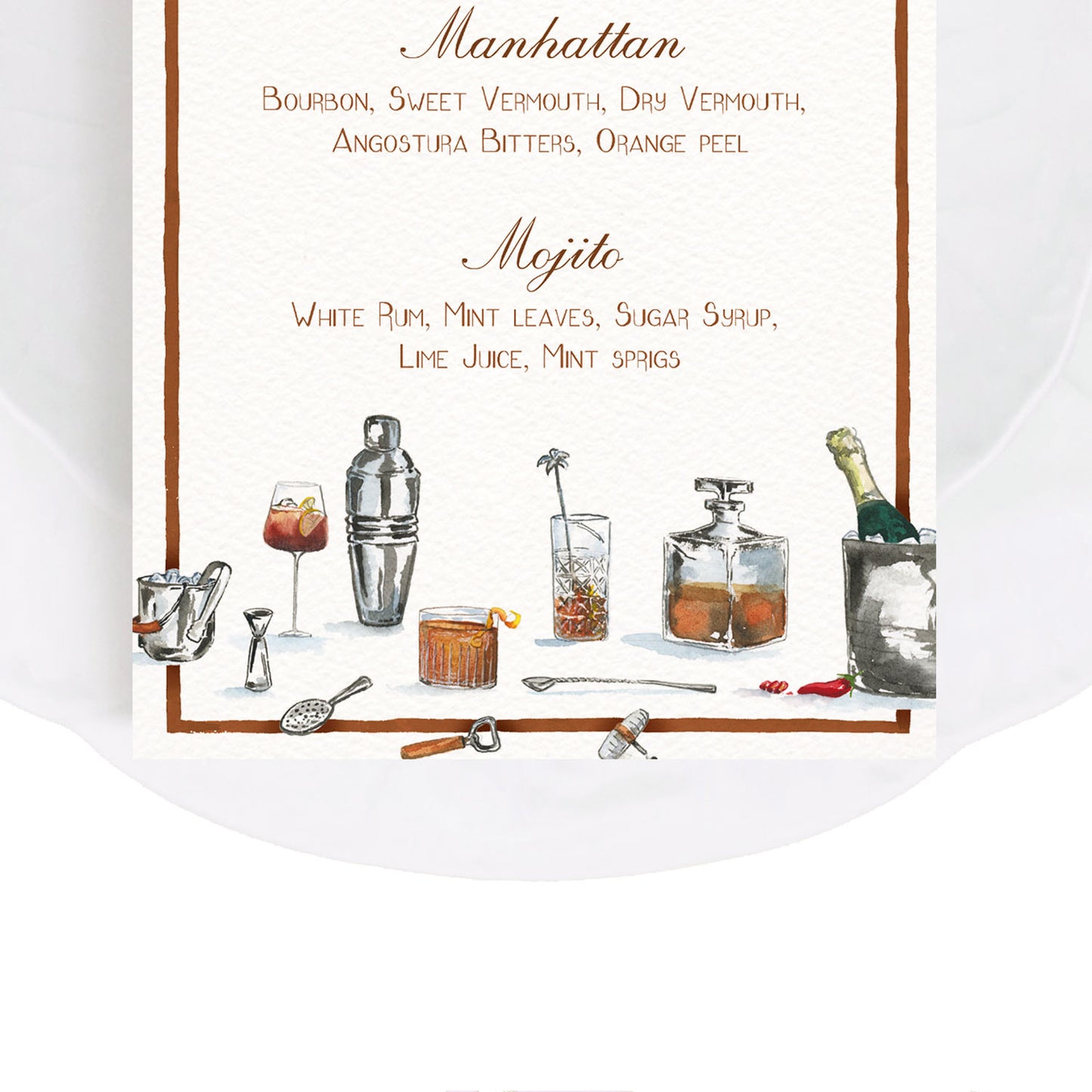 Close-up of our drinks menu, featuring hand-painted watercolour designs of cocktail shakers and champagne bottles.