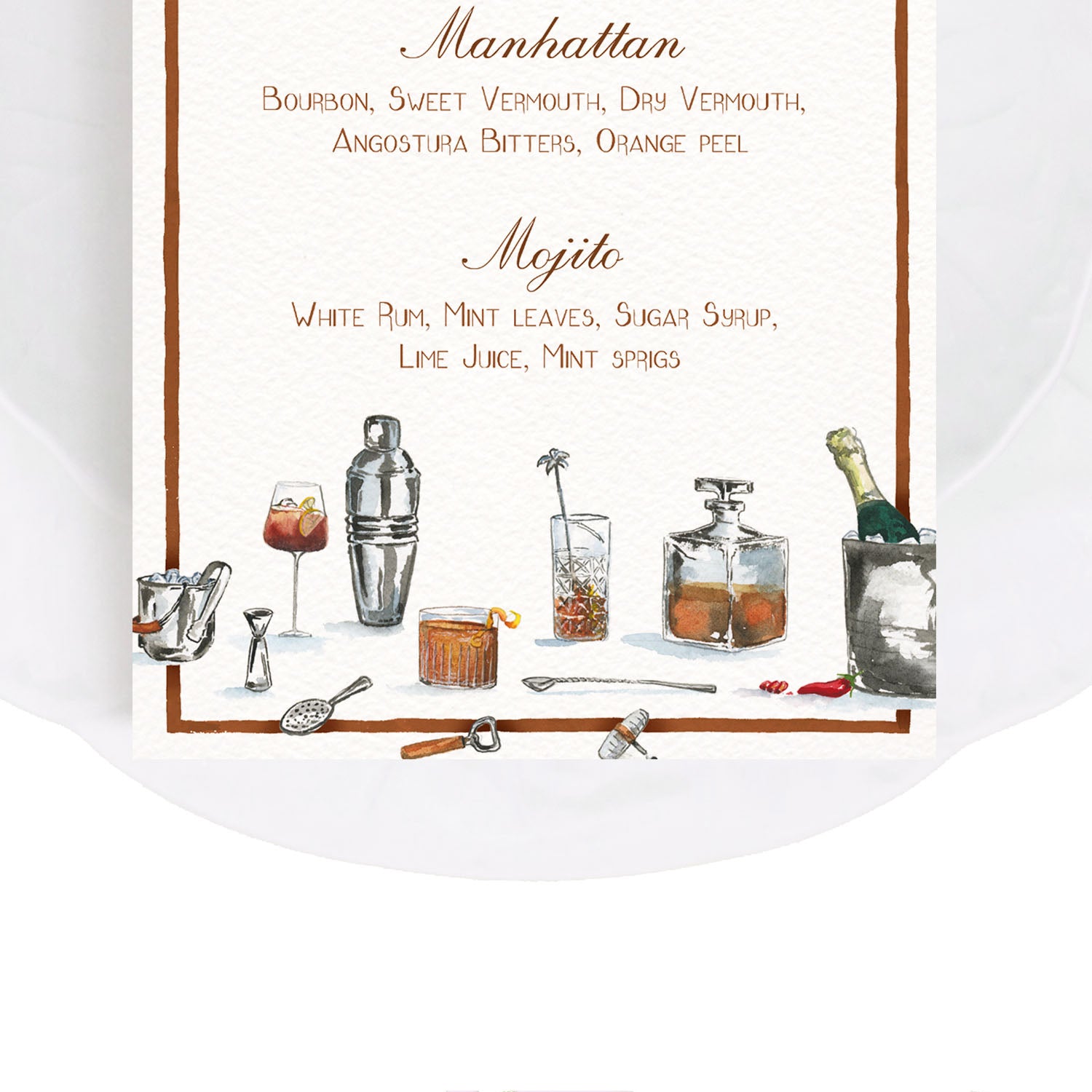 Close-up of our drinks menu, featuring hand-painted watercolour designs of cocktail shakers and champagne bottles.