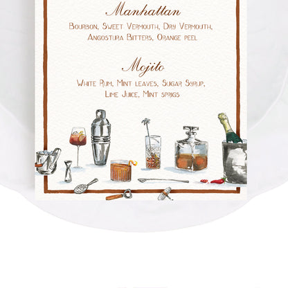 Close-up of our drinks menu, featuring hand-painted watercolour designs of cocktail shakers and champagne bottles.