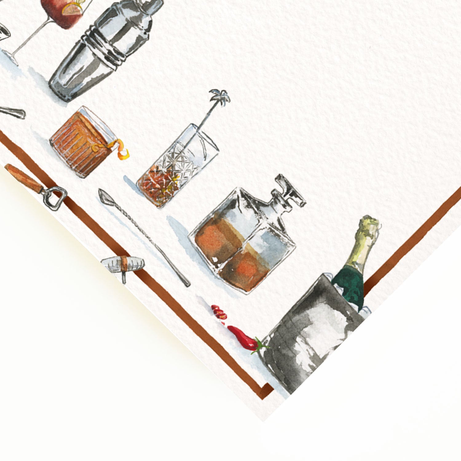 Close-up of the corner of our drinks menu, the perfect personalised wedding menu, showcasing the cocktail shaker and champagne bottle detailing.