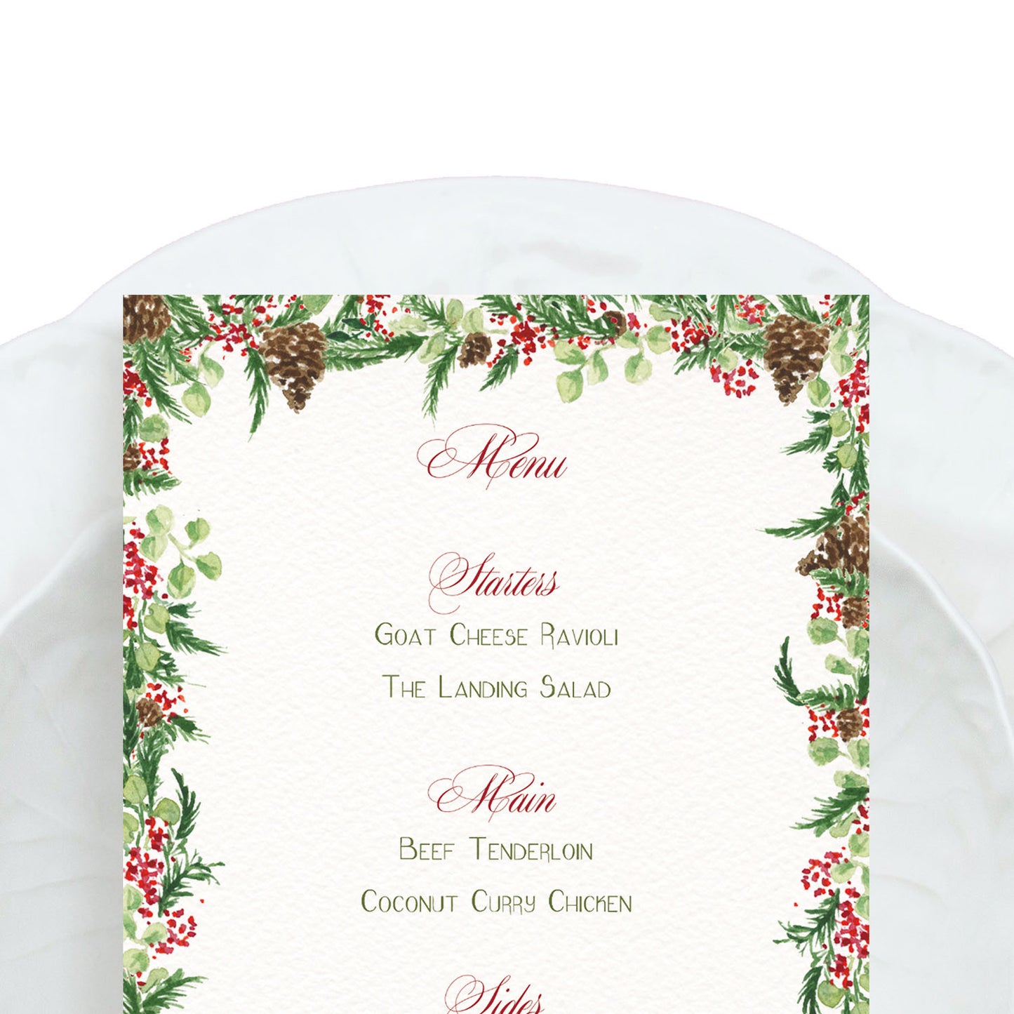 Close-up of our festive holiday menu, featuring a wreath-style border, with hand-painted watercolour designs.