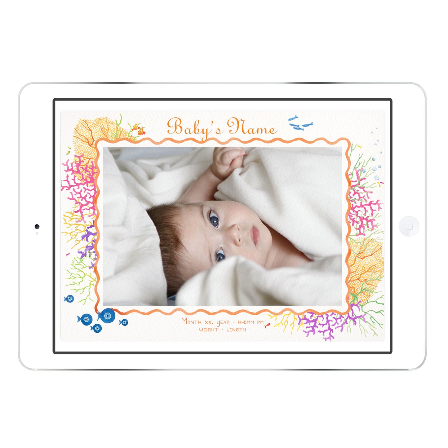 Coral Reef digital birth announcement from Clementina Sketchbook with baby photo and blue coral reef border, hand-painted watercolour marine details and personalised newborn info.