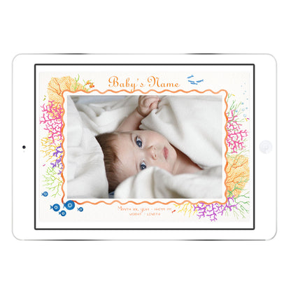 Coral Reef digital birth announcement from Clementina Sketchbook with baby photo and blue coral reef border, hand-painted watercolour marine details and personalised newborn info.