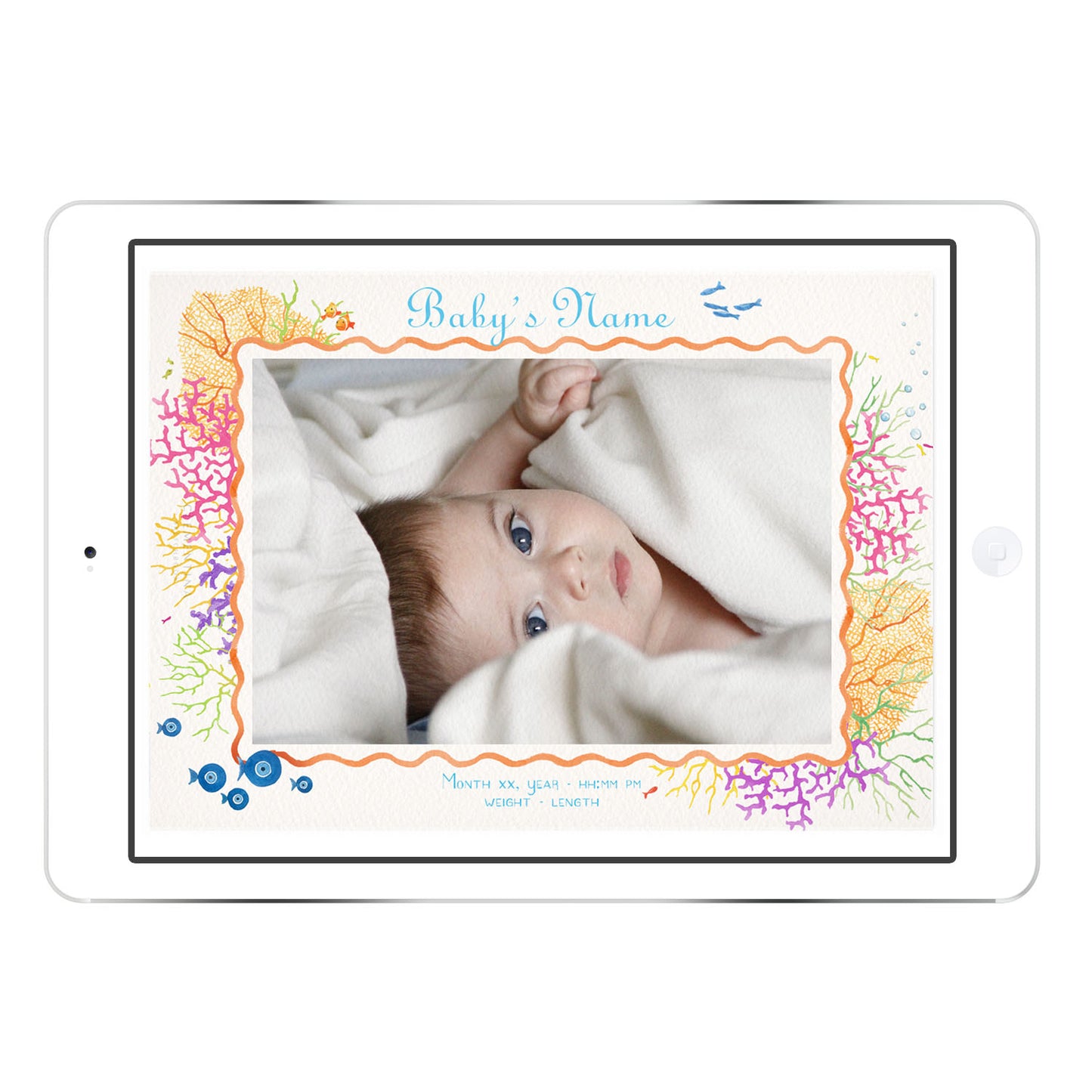 Coral Reef digital birth announcement from Clementina Sketchbook with baby photo framed by pink coral and marine illustrations, personalised newborn details on an iPad screen.
