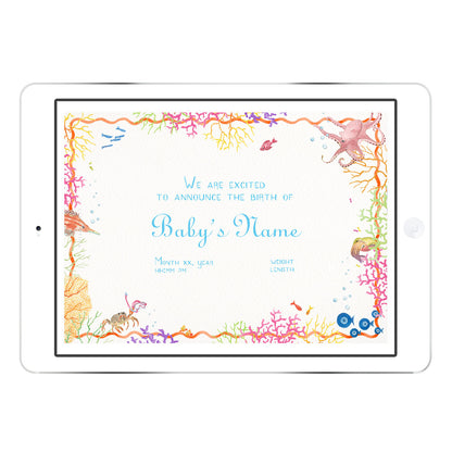 Blank Coral Reef digital birth announcement template from Clementina Sketchbook with cool-toned coral and seashell border and blue script, ready for personalised announcement text.
