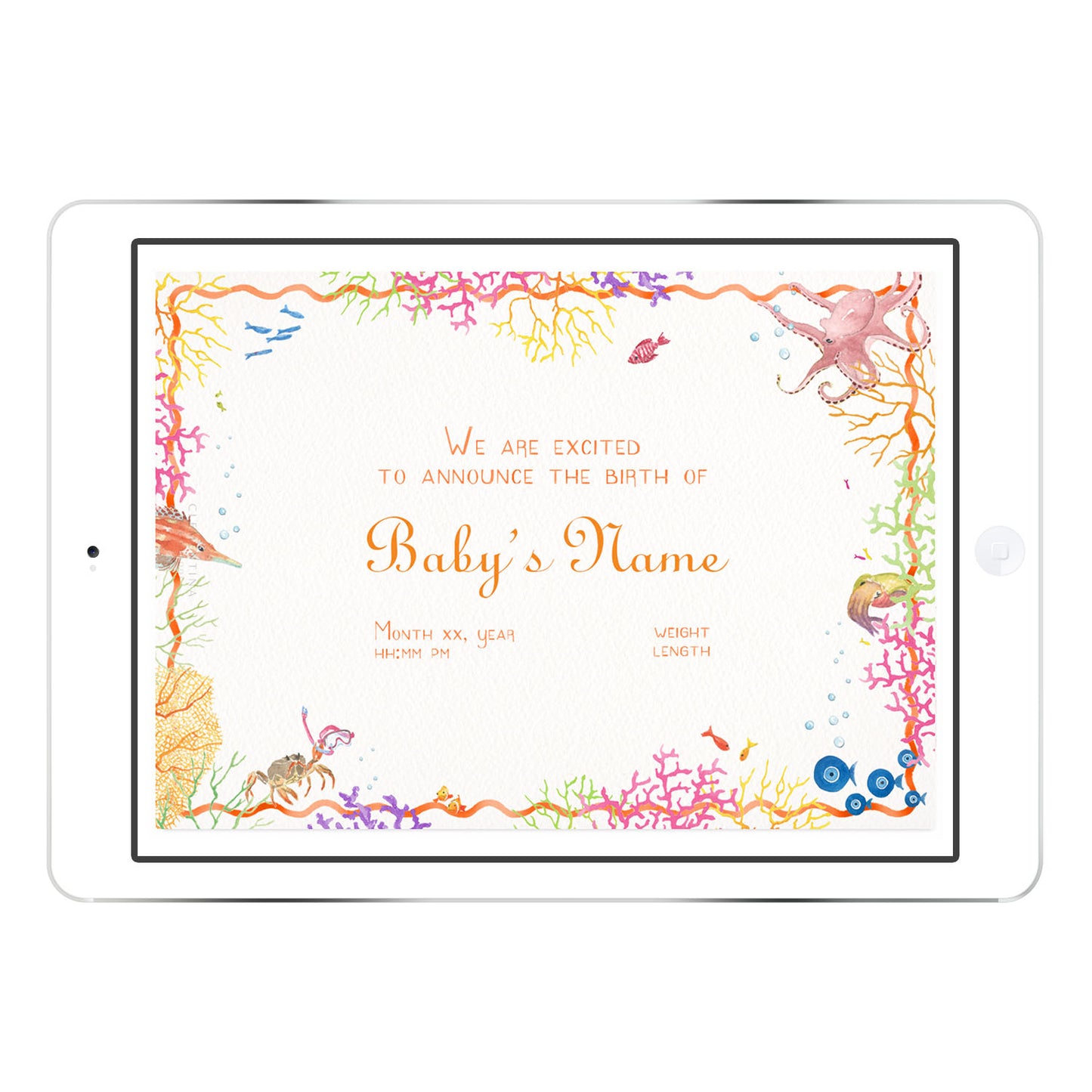 Coral Reef digital birth announcement from Clementina Sketchbook with baby photo and orange coral reef border, hand-painted watercolour marine details and personalised newborn info.
