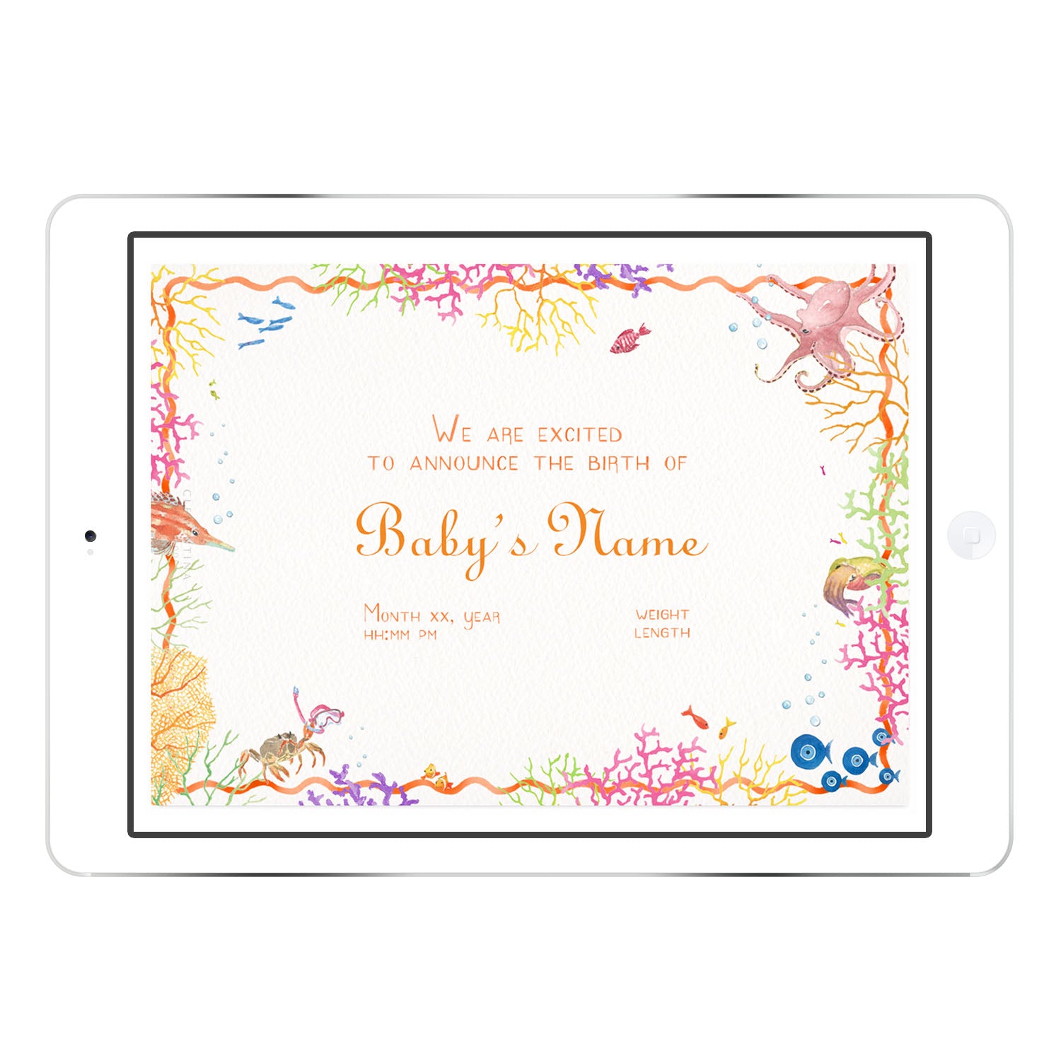 Coral Reef digital birth announcement from Clementina Sketchbook with baby photo and orange coral reef border, hand-painted watercolour marine details and personalised newborn info.