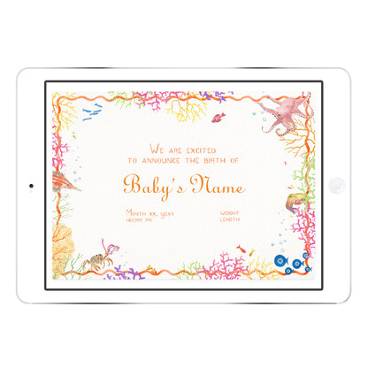 Coral Reef digital birth announcement from Clementina Sketchbook with baby photo and orange coral reef border, hand-painted watercolour marine details and personalised newborn info.
