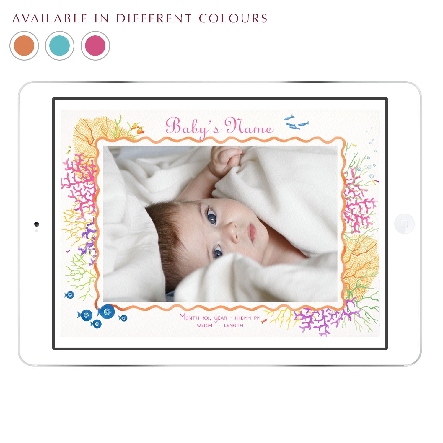 Coral Reef digital birth announcement from Clementina Sketchbook with baby photo on an iPad screen, featuring hand-painted watercolour coral, shells, and fish in warm colours with pink script.