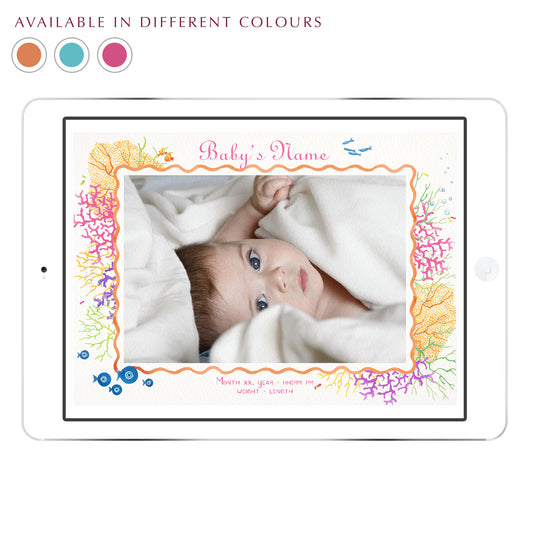 Coral Reef digital birth announcement from Clementina Sketchbook with baby photo on an iPad screen, featuring hand-painted watercolour coral, shells, and fish in warm colours with pink script.
