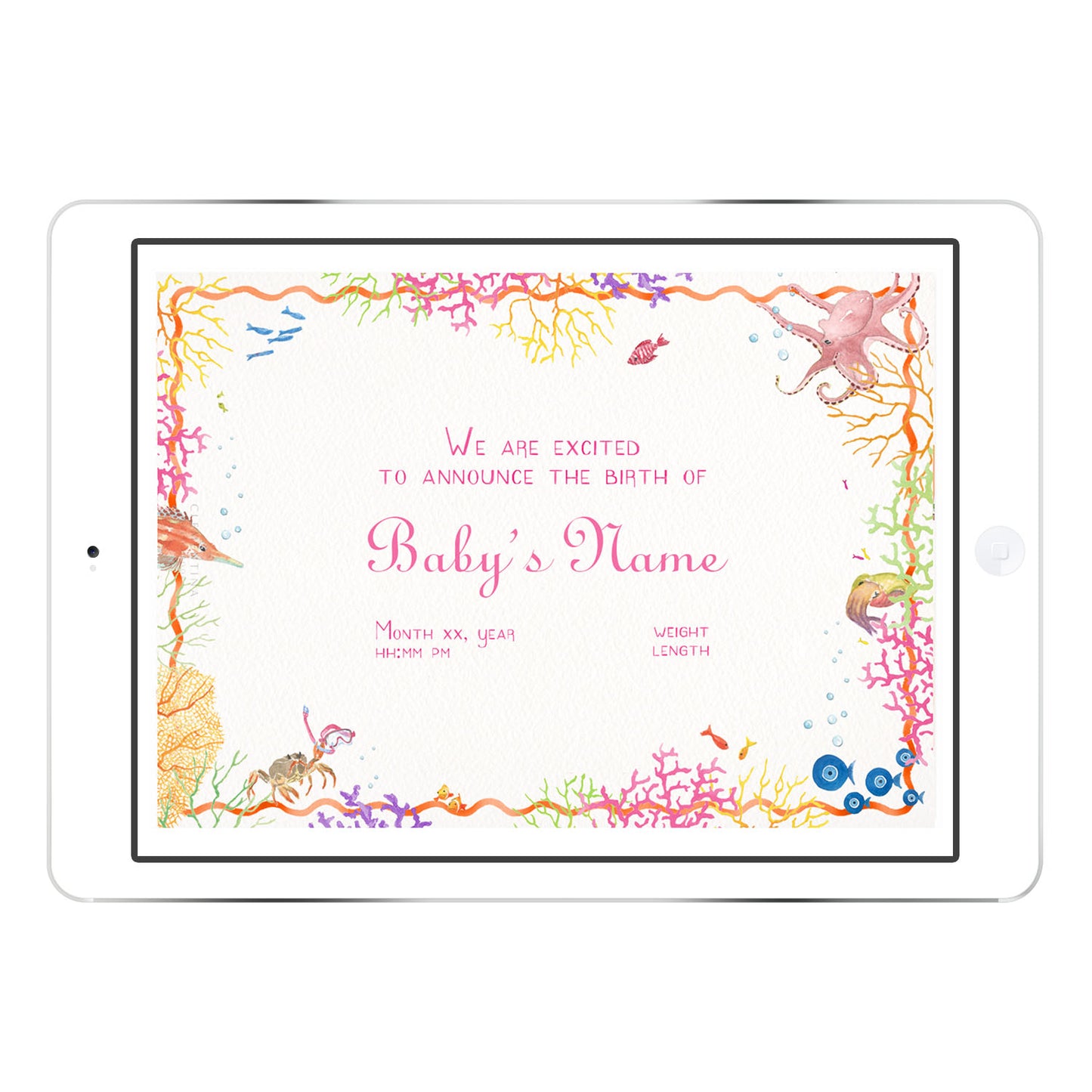 Blank Coral Reef digital birth announcement template from Clementina Sketchbook with warm-toned coral and seashell illustrations and pink script, ready for personalised baby details.